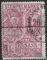 !!! ALSACE-LORRAINE, TIMBRE FISCAL N°108, OBLITÉRÉE, 20 MARK - Used Stamps