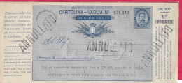 INTERO CARTOLINA-VAGLIA UMBERTO C.25 DA LIRE 20 (CAT. INT. 9A)  NUOVA - TIMBRO ANNULLATO - Stamped Stationery