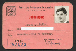 Portugal Carte Jouer Handball Junior SCP Sporting Clube De Portugal 1971 Official ID Card Handball Player - Handbal