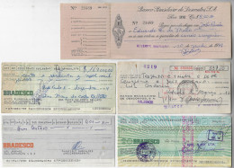 Brazil 1948/1990, 5 Diferent Check Ot The Brazilian Discount Bank Bradesco Values ​​in Cruzeiro And Cruzado Novo Used - Chèques & Chèques De Voyage