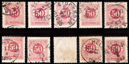 1877. Circle Type. Perf. 13. 50 øre Carmine. 10 Stamps With Different Shades Etc. (Michel 25B) - JF103246 - Usati