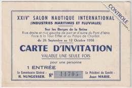 Carte D'invitation Salon Nautique  1958 Paris Berges De La Seine   Industries Maritimes Et Fluviales - Toegangskaarten