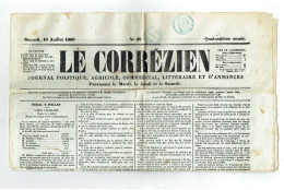 19 CORREZE Journal Le Corréziren Du 10/07/1869 Timbre Bleu 2 C (Fiscal 3c Port Postal 2c) Belle Pièce Journal Complet - Kranten