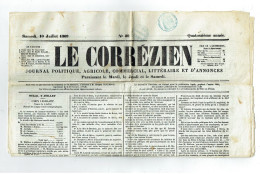 19 CORREZE Journal Le Corréziren Du 10/07/1869 Timbre Bleu 2 C (Fiscal 3c Port Postal 2c) Belle Pièce Journal Complet - Journaux