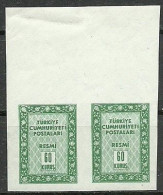 Turkey; 1960 Official Stamp 60 K. ERROR "Imperf. Pair" - Dienstzegels