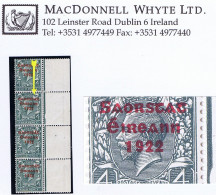 Ireland 1922-23 Thom Saorstat 3-line Ovpt On 4d, Var "Accent Missing" And "Frame Break At Right" In Strip Of 4 - Unused Stamps
