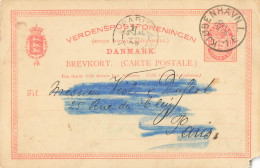 DANMARK BREVKORT ENTIER POSTAL 10 KJOBENHAVN 28/9/1892 POUR PARIS - Entiers Postaux