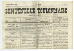 83 VAR  Journal Sentinelle Toulonnaise Du 24/01/1870 Timbre De 2 C Violet Dentelé Journal Obl Typo Journal Complet SUP - Kranten