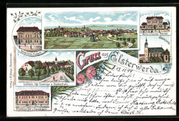 Lithographie Elsterwerda, Stadtkirche, Schloss, Kaiserliches Postamt, Berlin-Dresdner Bahnhof  - Elsterwerda