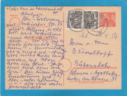 GANZSACHE MIT ZUSATZFRANKATUR AUS BERLIN - FROHNAU NACH GÜTERSLOH,1954. - Cartes Postales - Oblitérées