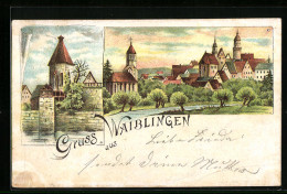 Lithographie Waiblingen, Totalansicht Mit Uferpartie  - Waiblingen