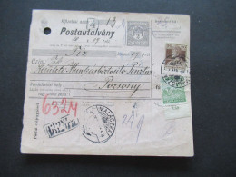 Ungarn 1919 GA / Postanweisung Postautalvany Mit 2x Zusatzfrankatur Rückseitig Violetter Stempel Pozsony - Lettres & Documents