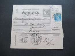 Ungarn 1919 GA / Postanweisung Postautalvany Mit 5x Zusatzfrankatur Rückseitig Stempel Zsolna - Briefe U. Dokumente