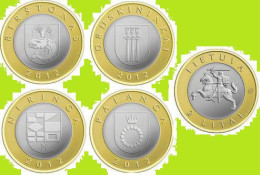 Lithuania 2 Litai 2012, Set Of 4, Lithuanian Resorts Series, KM#183.1-186.1, Unc Bi-Metallic - Lithuania