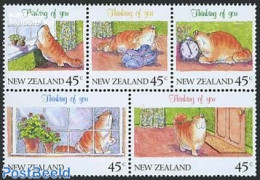 New Zealand 1991 Cats, Greetings 5v (from Booklet), Mint NH, Nature - Cats - Nuovi