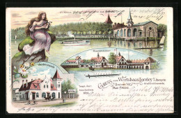 Lithographie Niederschöneweide, Gasthaus Loreley, Bootshäuser  - Köpenick