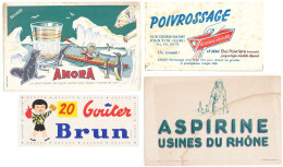 Lot De 4 Buvards (6) AMORA - ASPIRINE - POIVROSSAGE - BRUN Biscuit  Avec Défauts :taches,  Pliures,déchirures Etc. Etc - Collections, Lots & Series