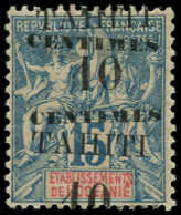 * TAHITI - Poste - 33b, Double Surcharge à Cheval: 10c. S. 15c. Bleu - Unused Stamps