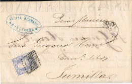 55157. Carta Entera BARCELONA 1872. Alegoria España A Jumilla. Tampon Y Papel Impreso ESPASA HERMANOS - Storia Postale