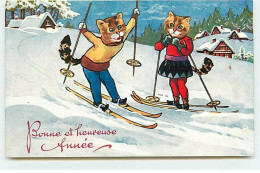 Animaux Habillés - Bonne Et Heureuse Année - Chats Faisant Du Ski - Dressed Animals