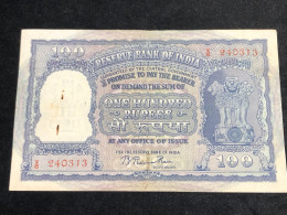 INDIA 100 RUPEES P-43  1957 TIGER ELEPHANT DAM MONEY BILL Rhas Pinhole ARE BANK NOTE Red Numbers Above And Below 1 Pcs A - India