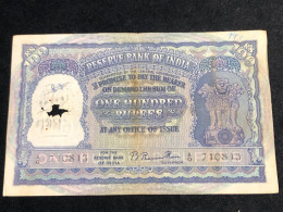 INDIA 100 RUPEES P-43  1957 TIGER ELEPHANT DAM MONEY BILL Rhas Pinhole ARE BANK NOTE Black Number Below 1 Pcs Au Very Ra - Inde