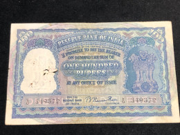 INDIA 100 RUPEES P-43  1957 TIGER ELEPHANT DAM MONEY BILL Rhas Pinhole ARE BANK NOTE Black Number Below 1 Pcs Au Very Ra - Inde