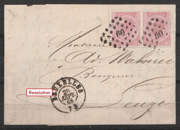 L. Affr. N°20 X2 (paire) Lpts "60" Càd BRUXELLES /29 SEPT 1868 Pour Banquier à LEUZE (au Dos: Càd LEUZE) - 1865-1866 Profil Gauche