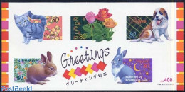 Japan 1999 Greeting Stamps 5v M/s S-a, Mint NH, Nature - Cats - Dogs - Flowers & Plants - Rabbits / Hares - Ongebruikt
