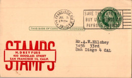 US Postal Stationery 1c San Francisco Stamps Dreyfuss To San Diego - 1921-40