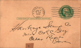 US Postal Stationery 1c Kansas 1936 To Iowa - 1921-40