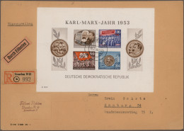 DDR: 1953, Geschnittener Marx-Block Mit 10 Pf Bis 84 Pf Auf Eil-R-Brief Ab "DRES - Lettres & Documents