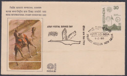 Inde India 1980 Special Cover International Stamp Exhibition, Camel Post, Army Postal Service, Bird Pictorial Postmark - Covers & Documents