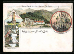 Lithographie Bühl / Baden, Hotel Sand, Bärenstein, Gertelbachfälle, Friedrichturm  - Bühl