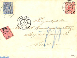 Netherlands 1896 Registered Envelope From Arnhem (see Postmark) To Amsterdam. 2x Princess Wilhelmina (hangend Haar) 10.. - Brieven En Documenten
