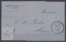 L. Entête "Banque Berger Frères" Affr. N°18 Lpts "16" Càd ARLON /23 JUIL 1869 Pour LIERRE (au Dos: Càd Arrivée LIERRE) - 1865-1866 Profil Gauche