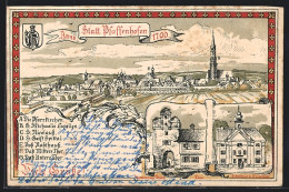 Lithographie Pfaffenhofen / Ilm, Ortsansicht Anno 1700, Unteres Thor, Schulhaus Und Bürgersaal  - Pfaffenhofen