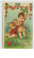 Carte Gaufrée - Valentine Greeting - Angelots Habillés Cueillant Des Coeurs - Dia De Los Amorados