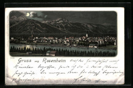 Lithographie Rosenheim, Blick über Den Fluss Auf Die Stadt Bei Nacht  - Rosenheim