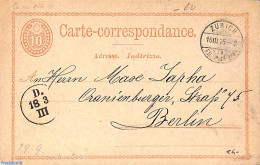 Switzerland 1876 Postcard 10c From Zürich To Berlin, Used Postal Stationary - Briefe U. Dokumente
