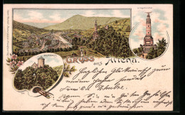 Lithographie Altena, Ortsansicht, Kriegerdenkmal, Schlossberg  - Altena