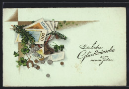 Künstler-AK Geldscheine, Münzen, Glücksklee, Hufeisen  - Münzen (Abb.)