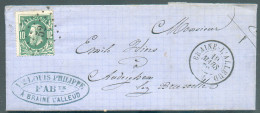 N°30 - 10 Centimes Vert Obl; LP.52 Sur Lettre De BRAINE-l'ALLEUD Le 19 Mars 1872 Vers Auderghem Via BOITSFORT Et BRUXELL - 1869-1883 Leopold II.