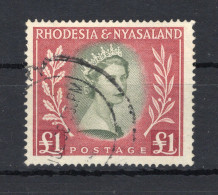 1954 RHODESIA-NYASSALAND N.15 USATO 1£ Serie Ordinaria, Elisabetta II - Rhodesië & Nyasaland (1954-1963)