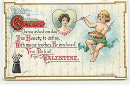 Carte Gaufrée - Saint-Valentin - Cupid Being Asked One Day .... Your Portrait Valentine - Ange Peignant Un Portrait - Dia De Los Amorados