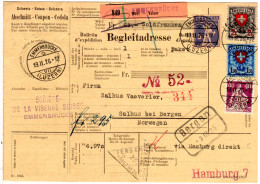 Schweiz 1926, 4 Marken Auf Wert Paketkarte V. Emmenbrücke N. Bergen, Norwegen  - Lettres & Documents