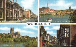 WORCESTER, ENGLAND, MULTIPLE VIEWS, ARCHITECTURE, CARS, CHURCH, TOWER, BOAT, BRIDGE, UNITED KINGDOM, POSTCARD - Worcester