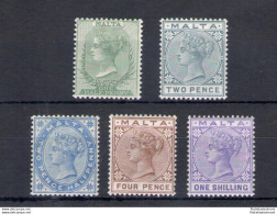 1885 MALTA, Stanley Gibbons N. 20-29 (no 21), 5 Valori - MLH* - Other & Unclassified