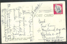 1964 (6 July) 11 Cents Statue Liberty On Postcard Miami To Buenos Aires - Cartas & Documentos