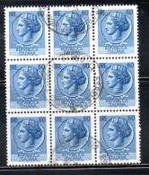 ITALIA REPUBBLICA ITALY REPUBLIC 1968 1976 SIRACUSANA TURRITA STELLE STARS LIRE 60 BLOCCO BLOCK USATO USED OBLITERE - 1961-70: Gebraucht